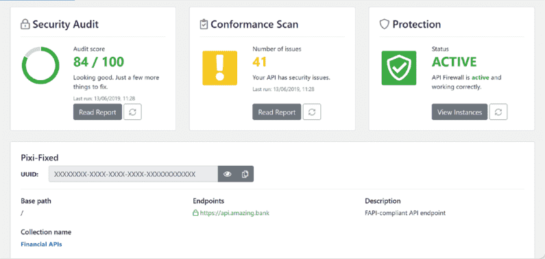 42Crunch platform interface showing security testing and runtime protection working from the same OpenAPI contract