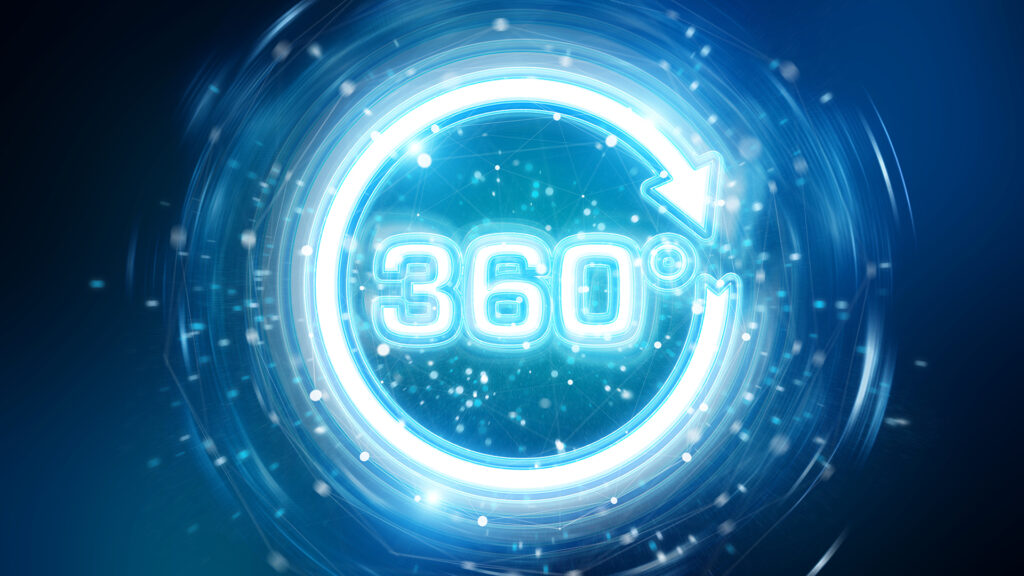 360 degree virtual reality neon interface on blue background 3D rendering