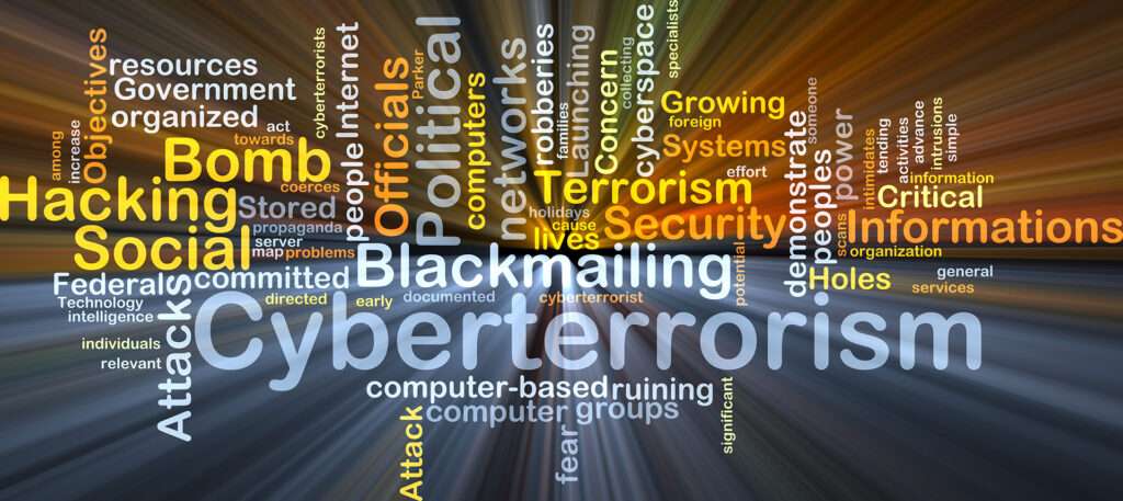 Background concept wordcloud illustration of cyberterrorism glowing light