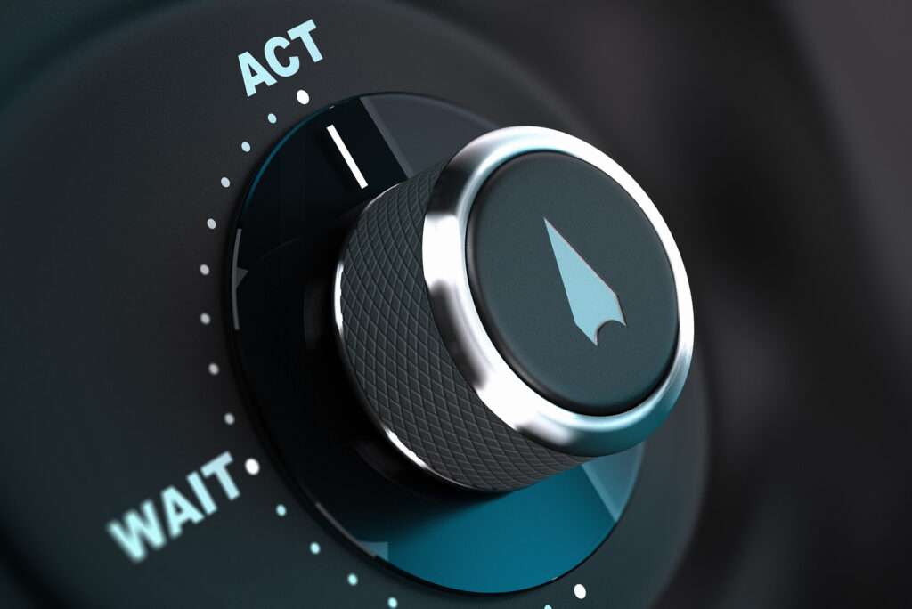 Decision button with the words wait and act, button arrow pointing to the word action. 3D render, concept image for proactivity