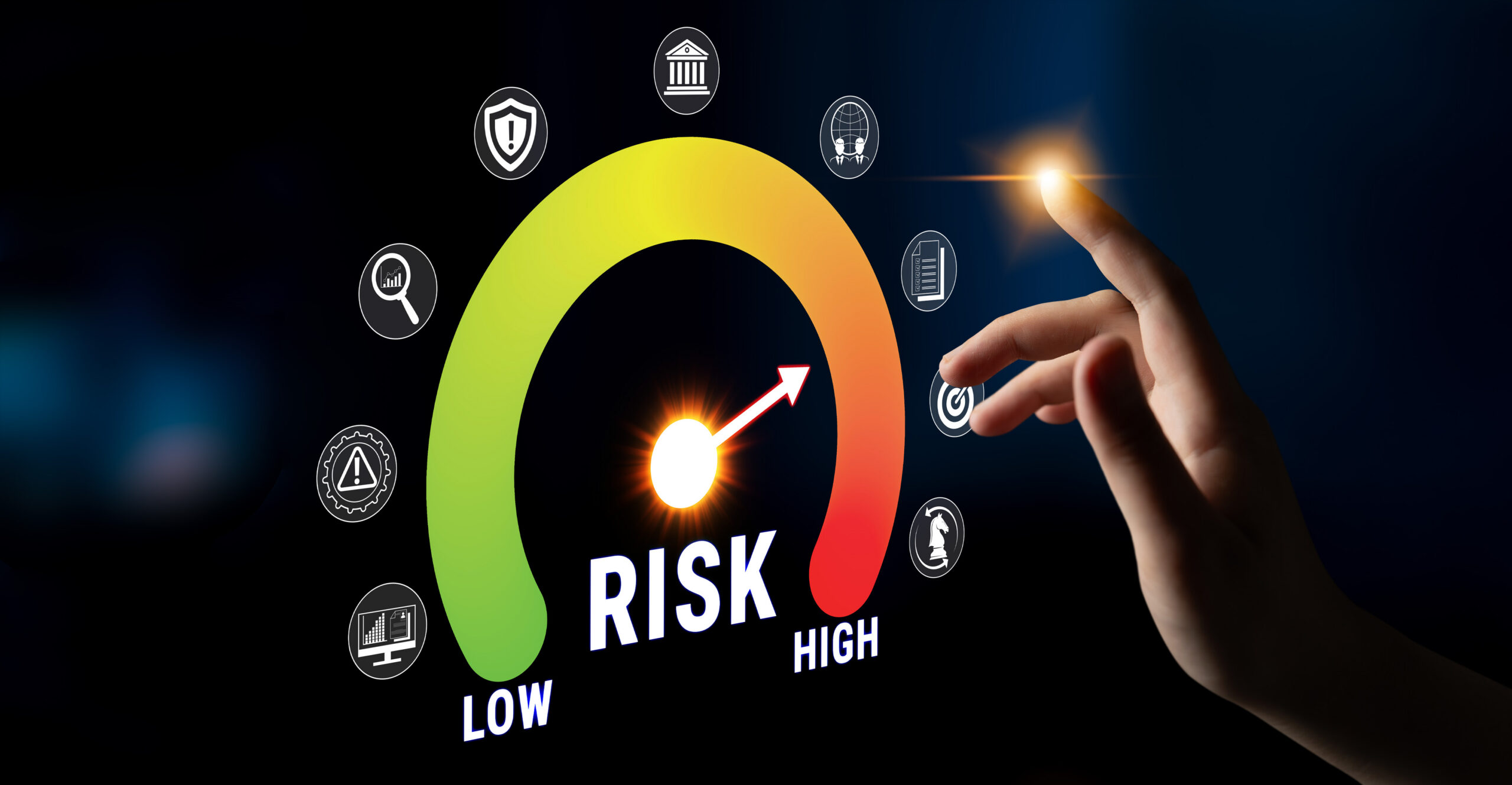 Interactive Risk Assessment Gauge with Colorful Indicators Highlighting Low and High Risk Levels and Various Management Icons Fluxor.
